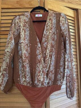 Buddy Love Rust Brown Snake-Print Surplice Bodysuit